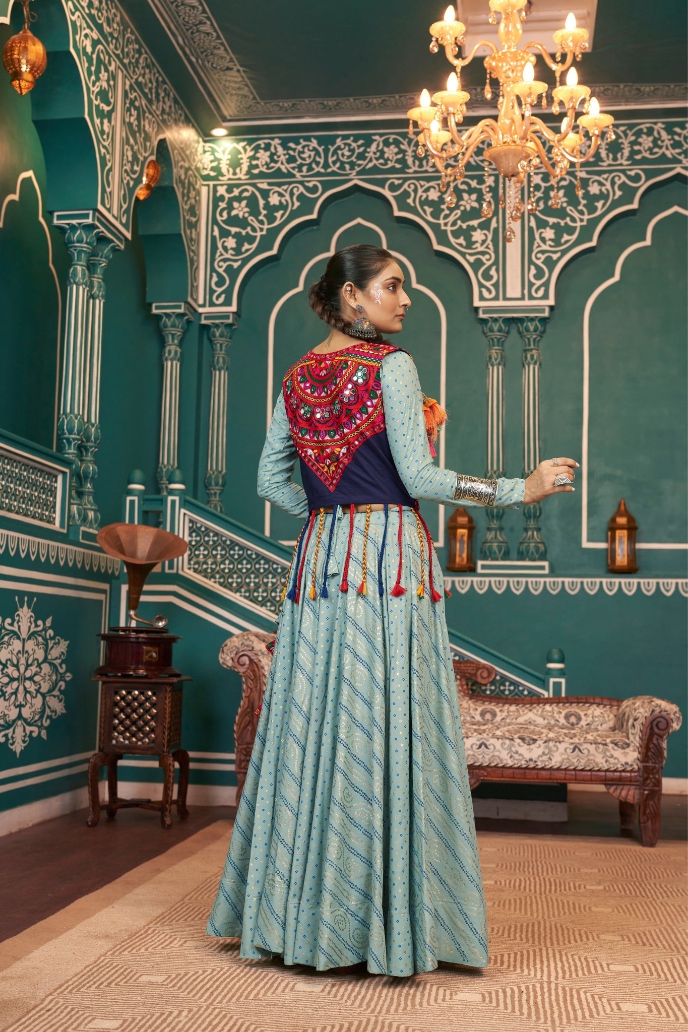 Pista Green Navratri Designer Viscose Rayon Readymade Lehenga Choli - ETHNICDEAL