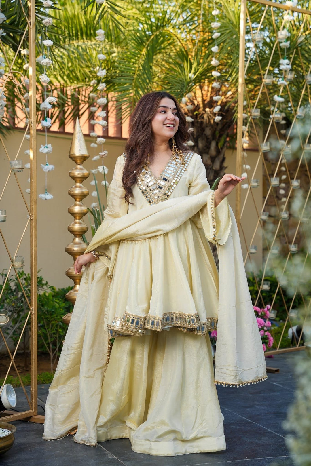 White Ivory Color Heavy Mirror Embellished Anarkali With Sharara & Dupatta | White Anarkali Suit For Women
