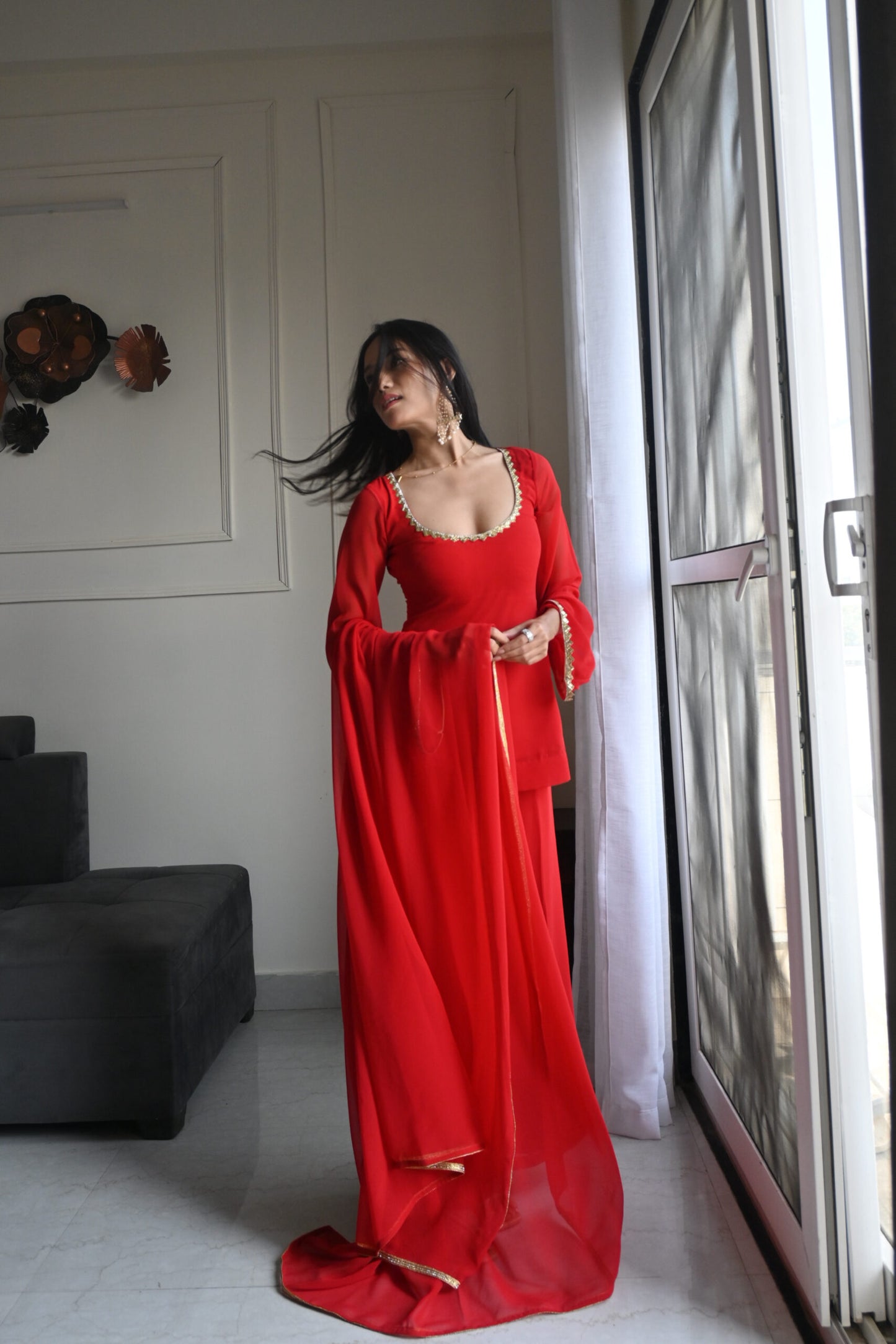 90's Style Red Handcrafted Georgette Palazzo Sharara Suit Set | Wedding & Party Wear