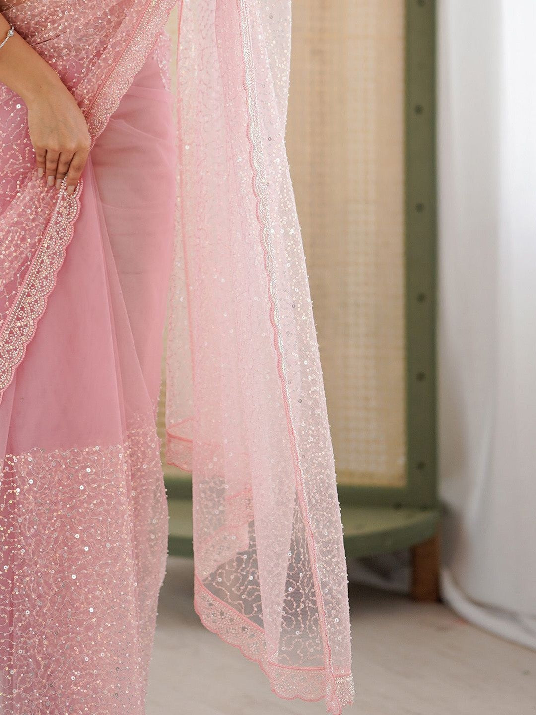 Blush Pink Sequin Embellished Saree For Women | Net Glitter Saree For Wedding