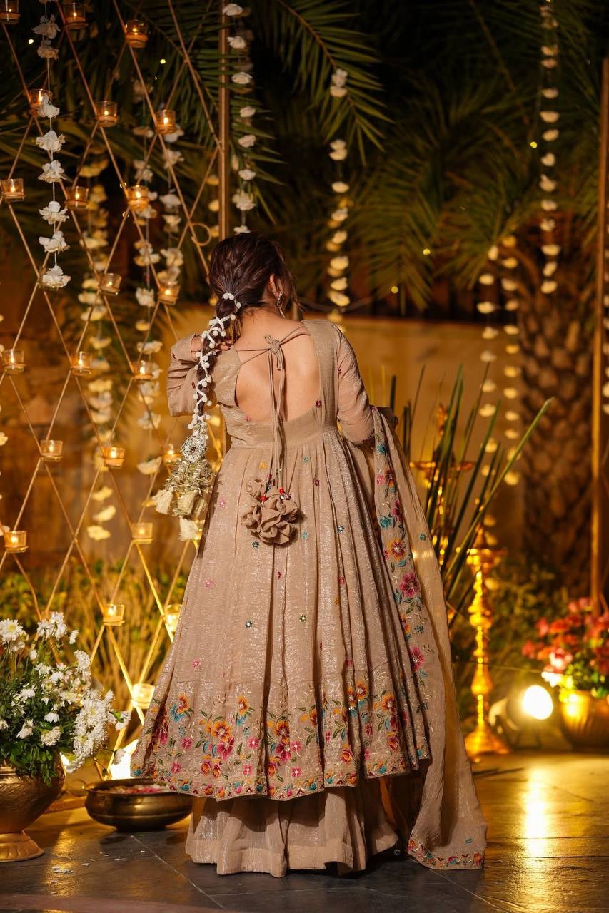 Champagne Beige Anarkali Sharara Set For Elegant Festive Wear | Sharara Set For Women