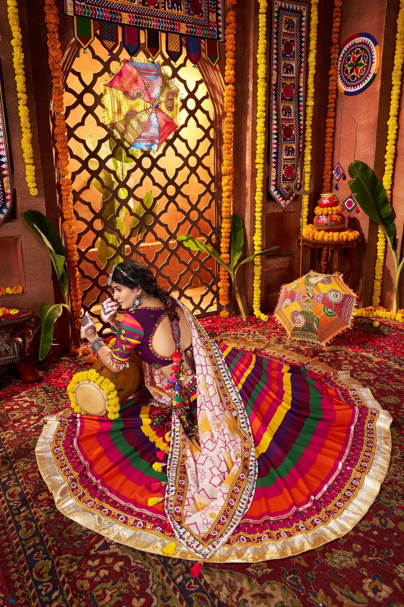 Multi Color Muslin Designer Stunning Print With Mirror Work Navratri Lehenga Choli - ETHNICDEAL