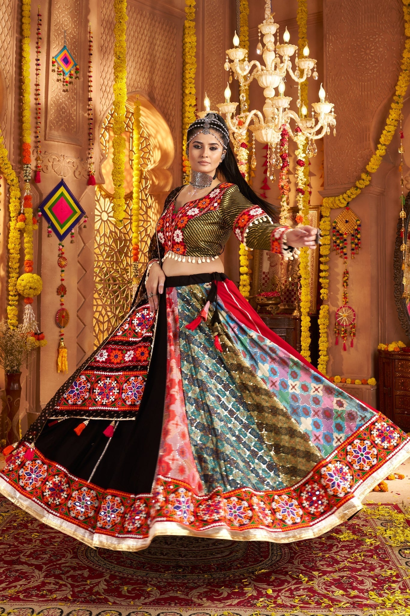 Navratri Designer Viscose Rayon Stylish Thread Embroidered With Mirror Work Festive Lehenga Choli - ETHNICDEAL