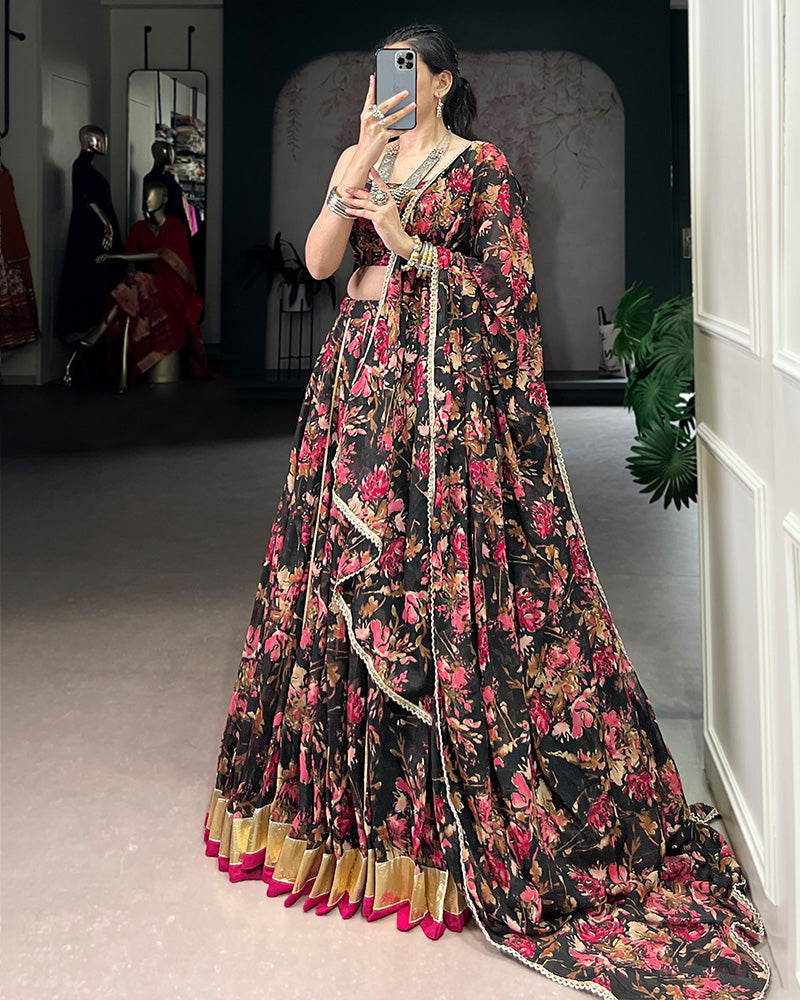 Exquisite Black Color Chiffon Digital Printed Lehenga Choli - ETHNICDEAL