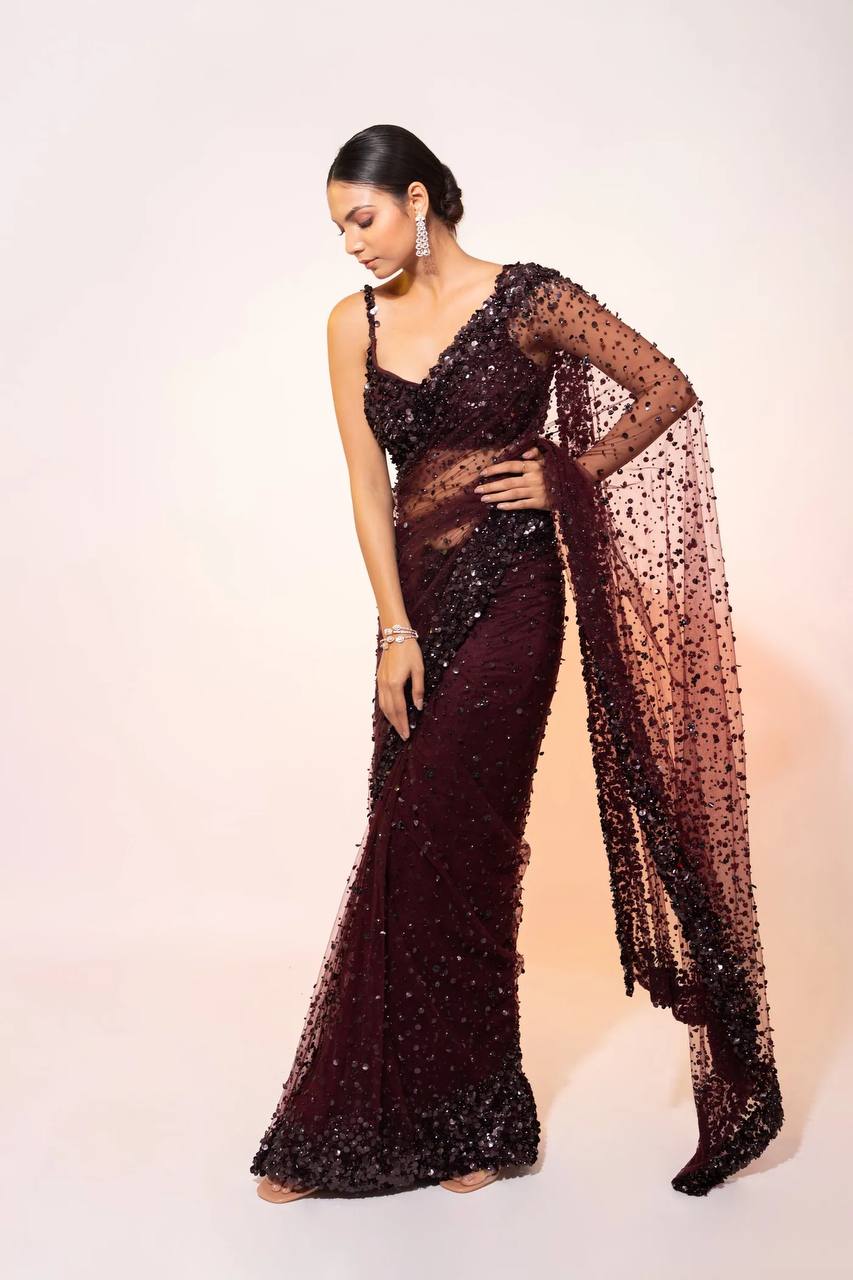 Dark Brown Glamorous Net Saree | Engagement & Party Wear