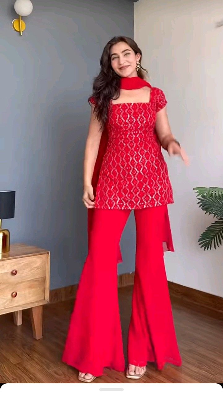Viral Bollywood Style Red Sharara Set For Women | 90s Kurti Set