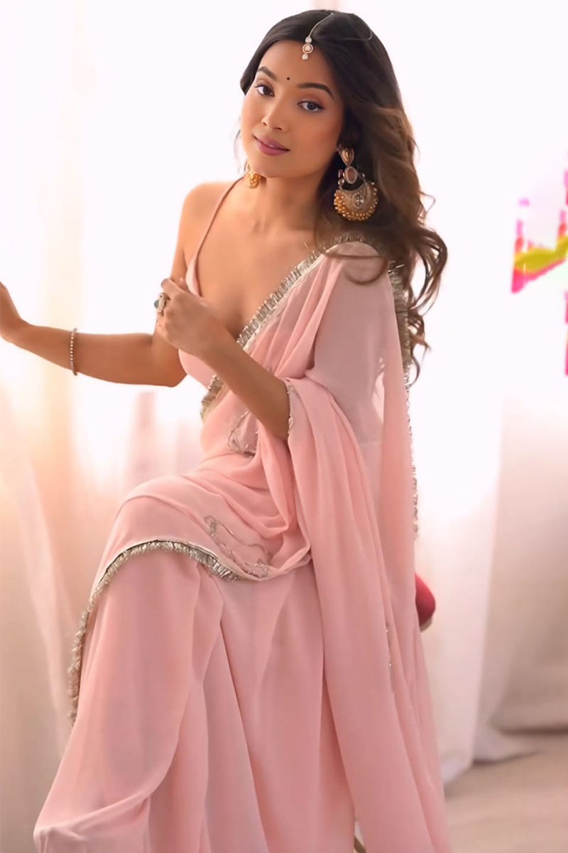 Ready To Wear Baby Pink Pre Draped Georgette Saree For Women - Reception And Wedding Wear