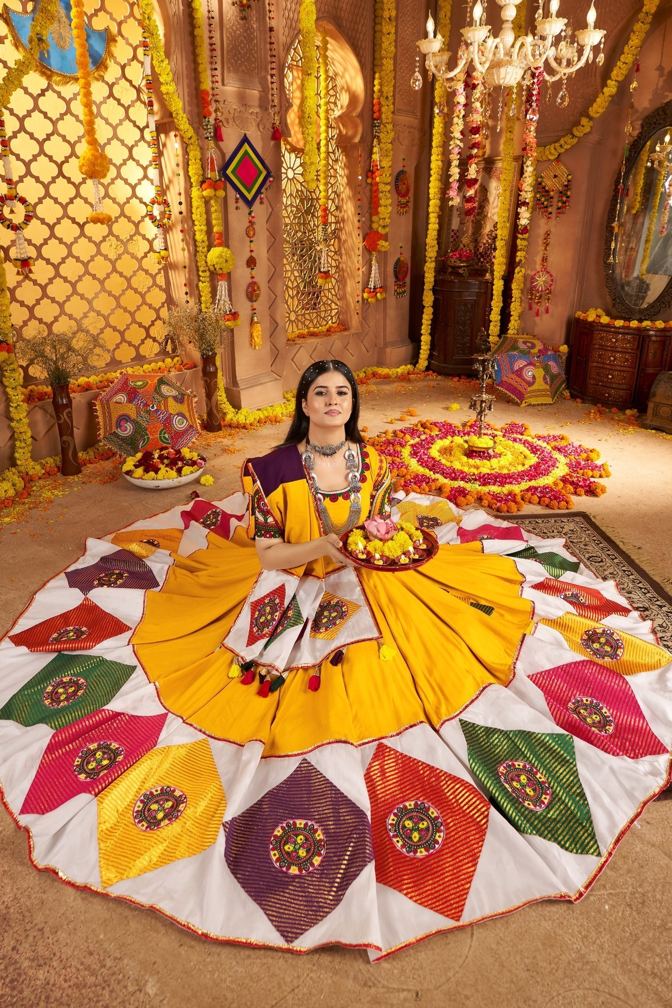 Mustard Yellow Viscose Cotton Traditional Designer Navratri Lehenga Choli - ETHNICDEAL