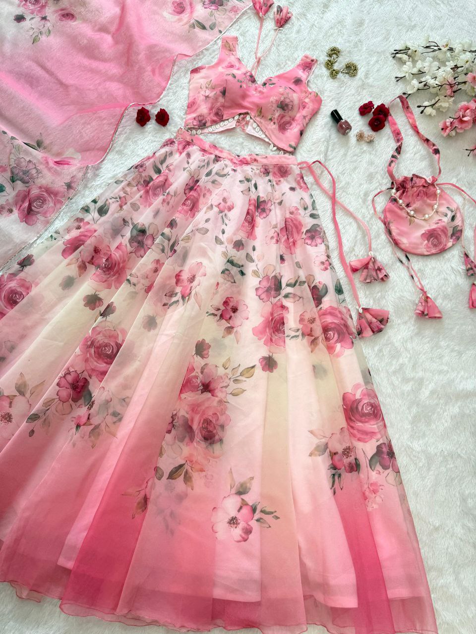 Pink Color Organza Silk Arti Chauhan Wear Fully Stiched Lehenga Choli With Potali Bag