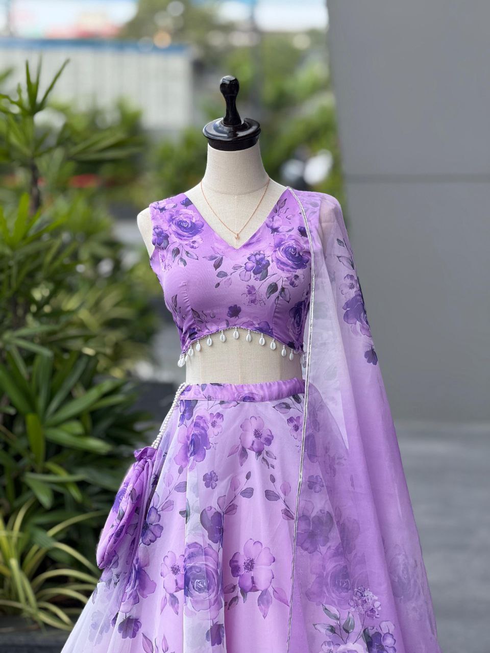 Lavender Color Organza Silk Fully Stiched Lehenga Choli With Potali Bag