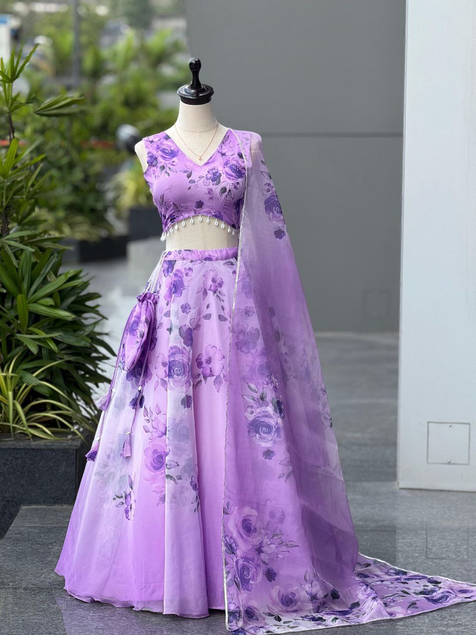 Lavender Color Organza Silk Fully Stiched Lehenga Choli With Potali Bag