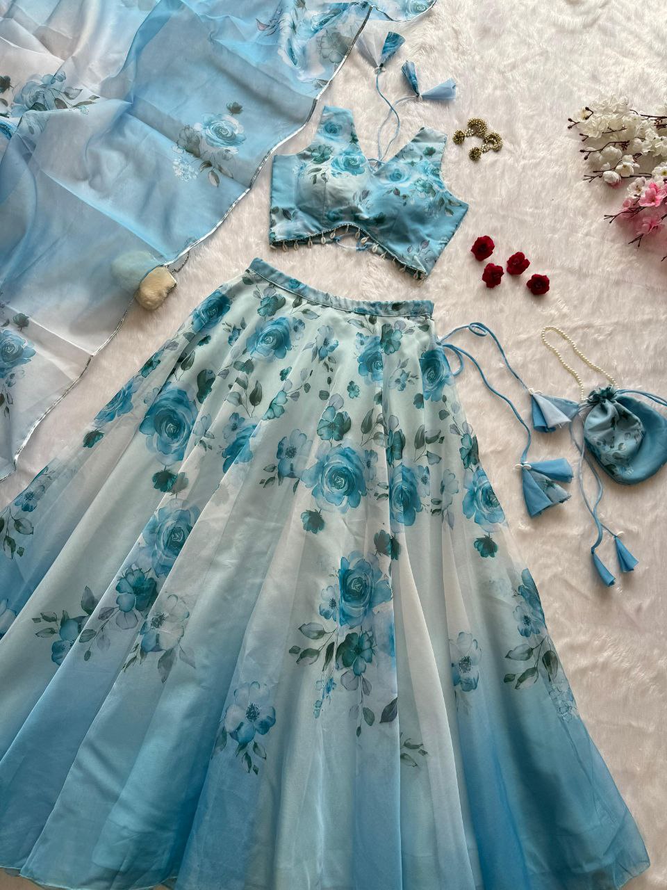Sky Blue Color Organza Silk Fully Stiched Lehenga Choli With Potali Bag