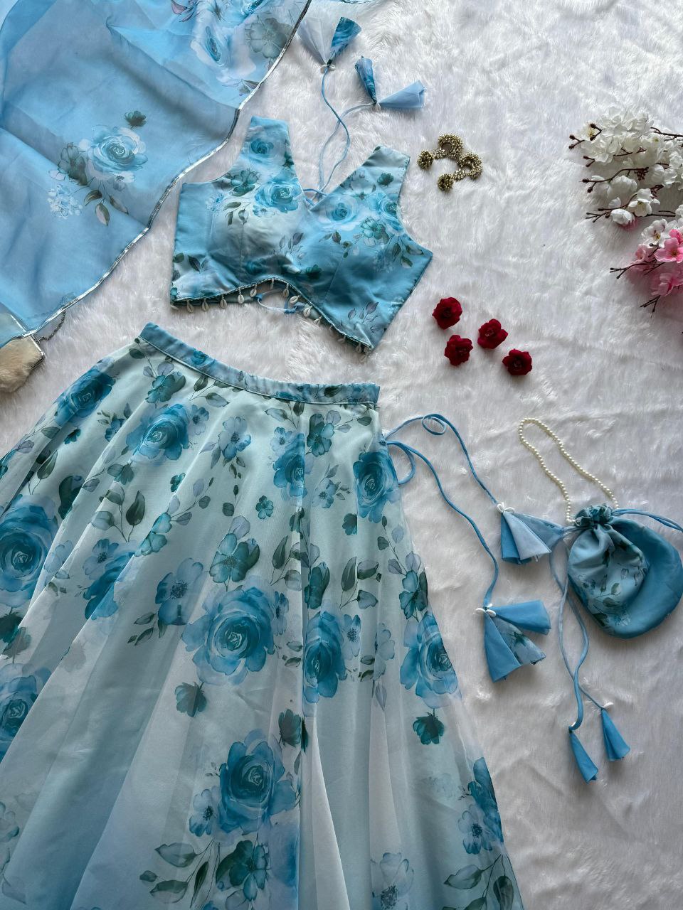 Sky Blue Color Organza Silk Fully Stiched Lehenga Choli With Potali Bag