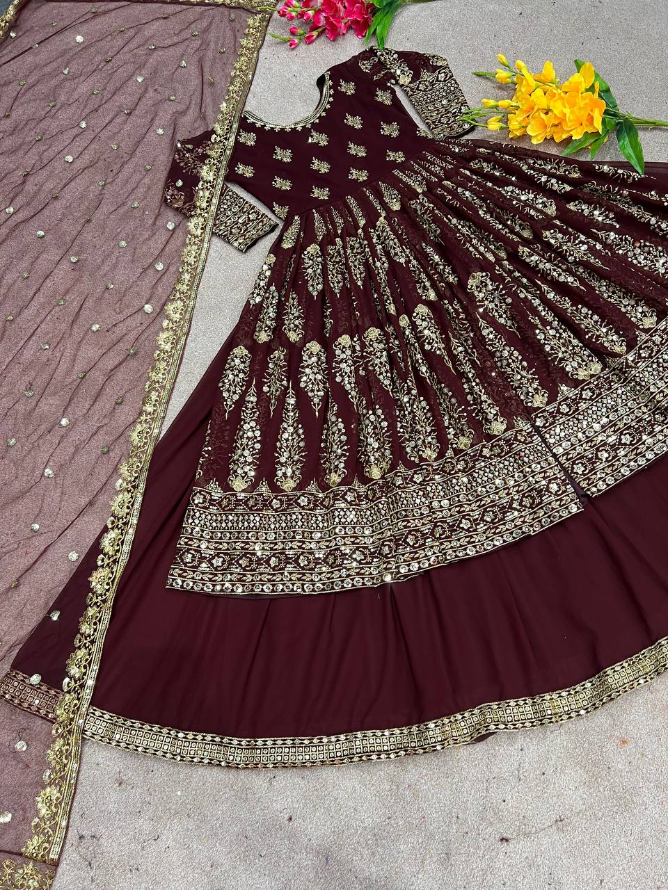 Wedding Wear Maroon Color Faux Georgette With Heavy Embroidery Sequence Work Lehenga Suit