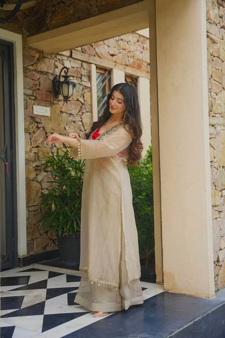 Beige Color Salsa Silk Original Mirror Work Top Palazzo Set