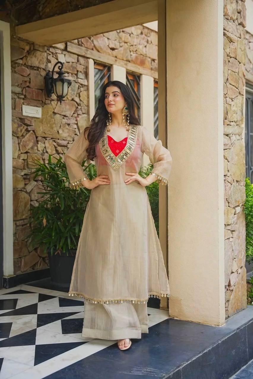 Beige Color Salsa Silk Original Mirror Work Top Palazzo Set
