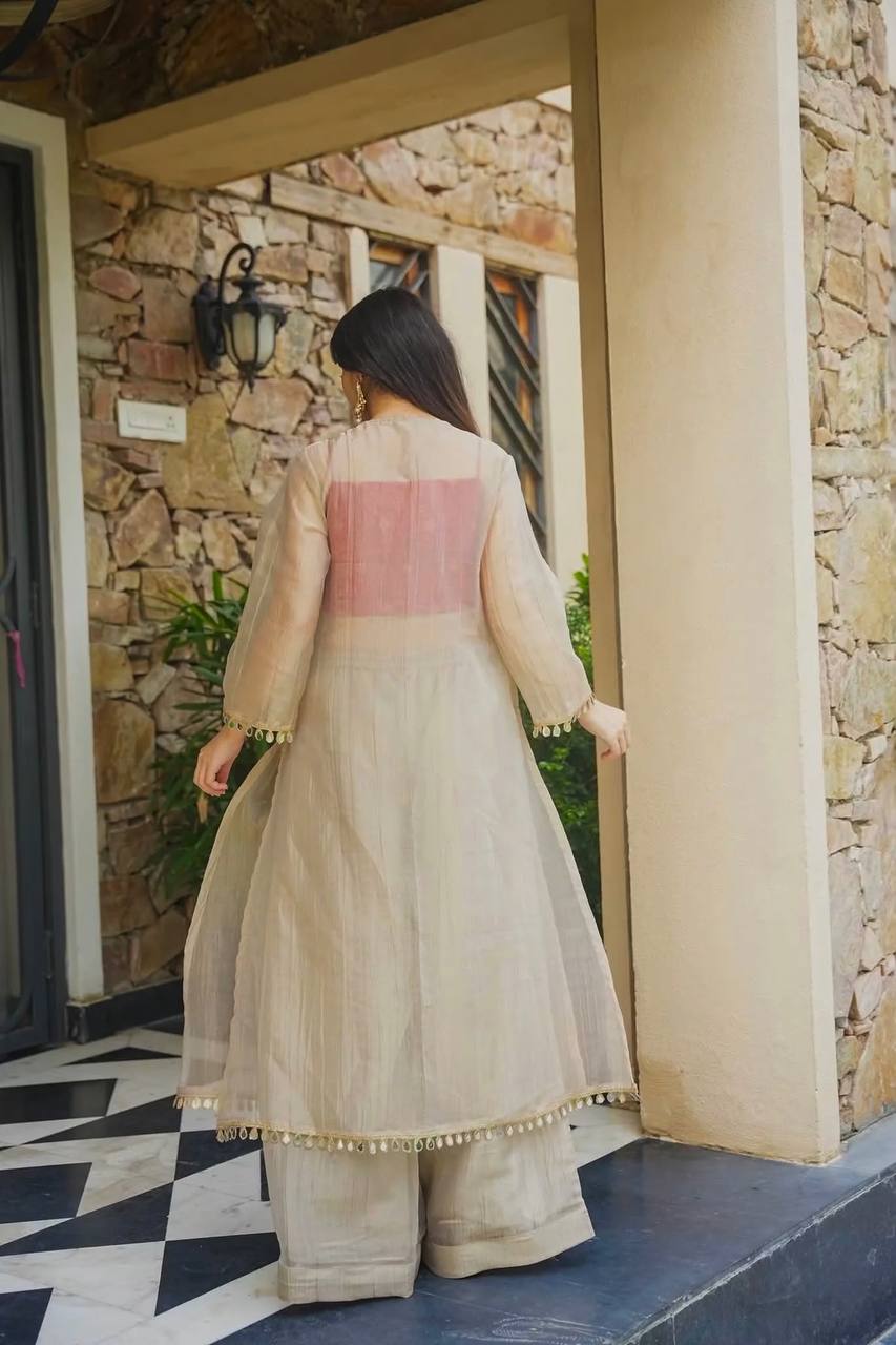Beige Color Salsa Silk Original Mirror Work Top Palazzo Set