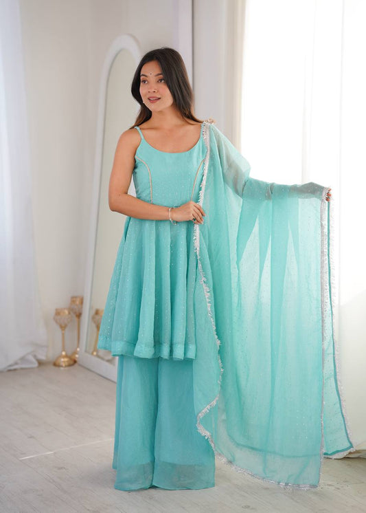 Sky Blue Color Silk Embroidered Work Arti Chauhan Palazzo Suit