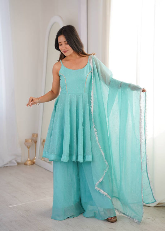 Sky Blue Color Silk Embroidered Work Arti Chauhan Palazzo Suit