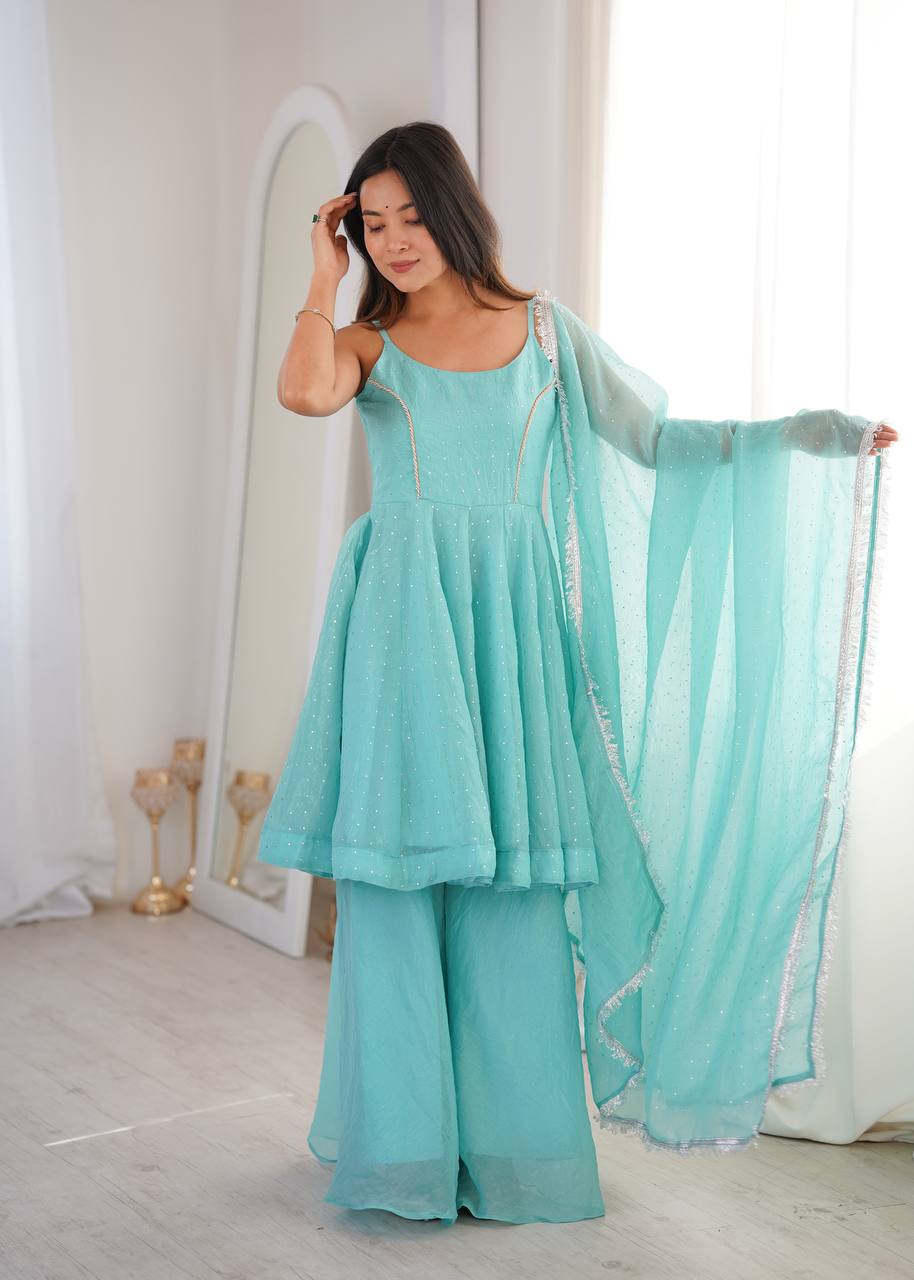 Sky Blue Color Silk Embroidered Work Arti Chauhan Palazzo Suit
