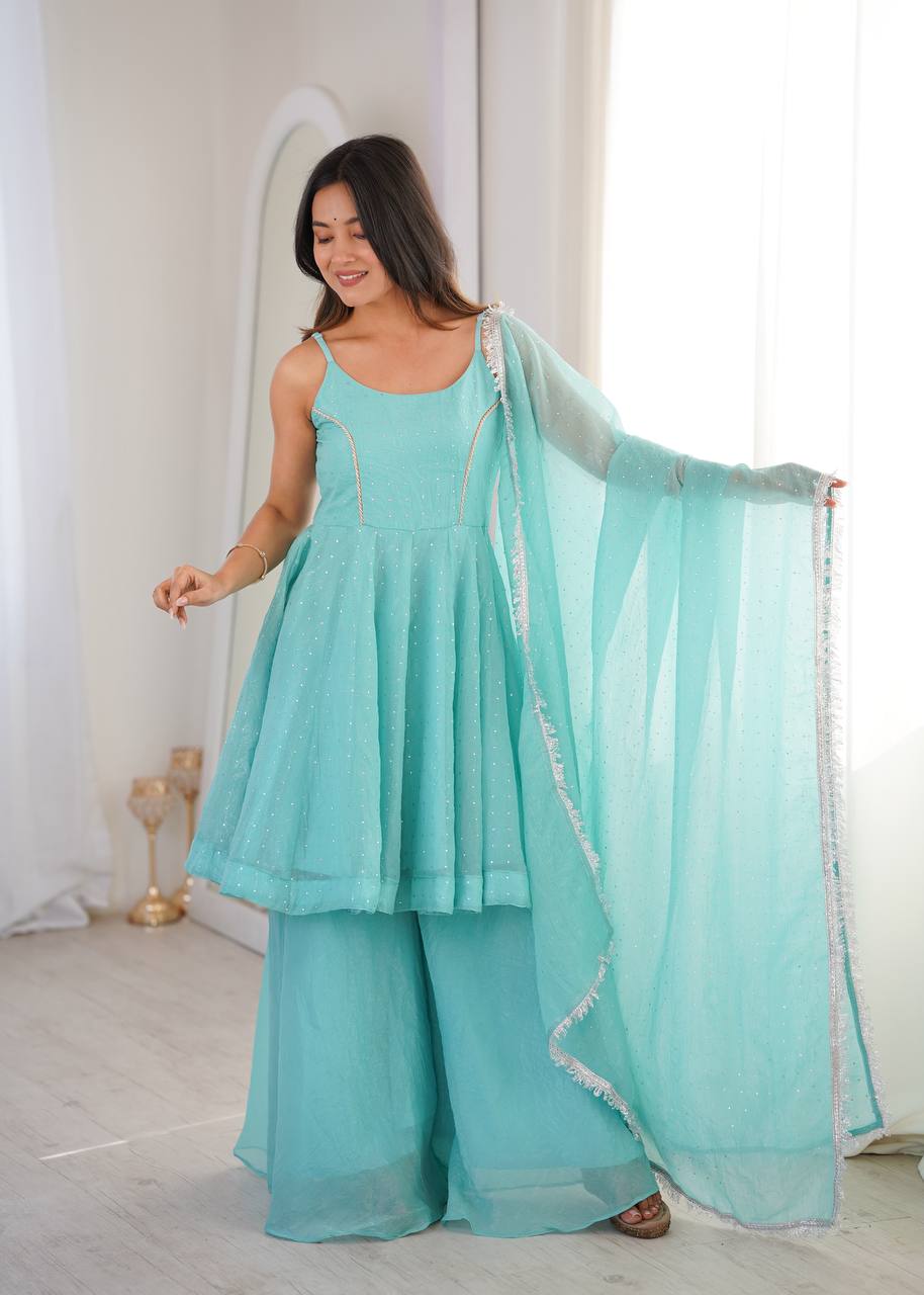 Sky Blue Color Silk Embroidered Work Arti Chauhan Palazzo Suit