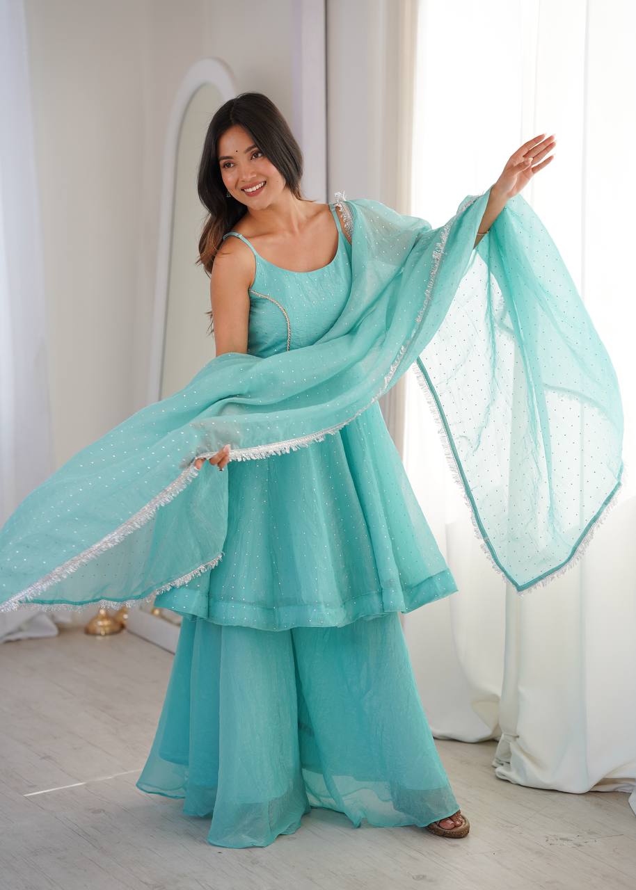 Sky Blue Color Silk Embroidered Work Arti Chauhan Palazzo Suit