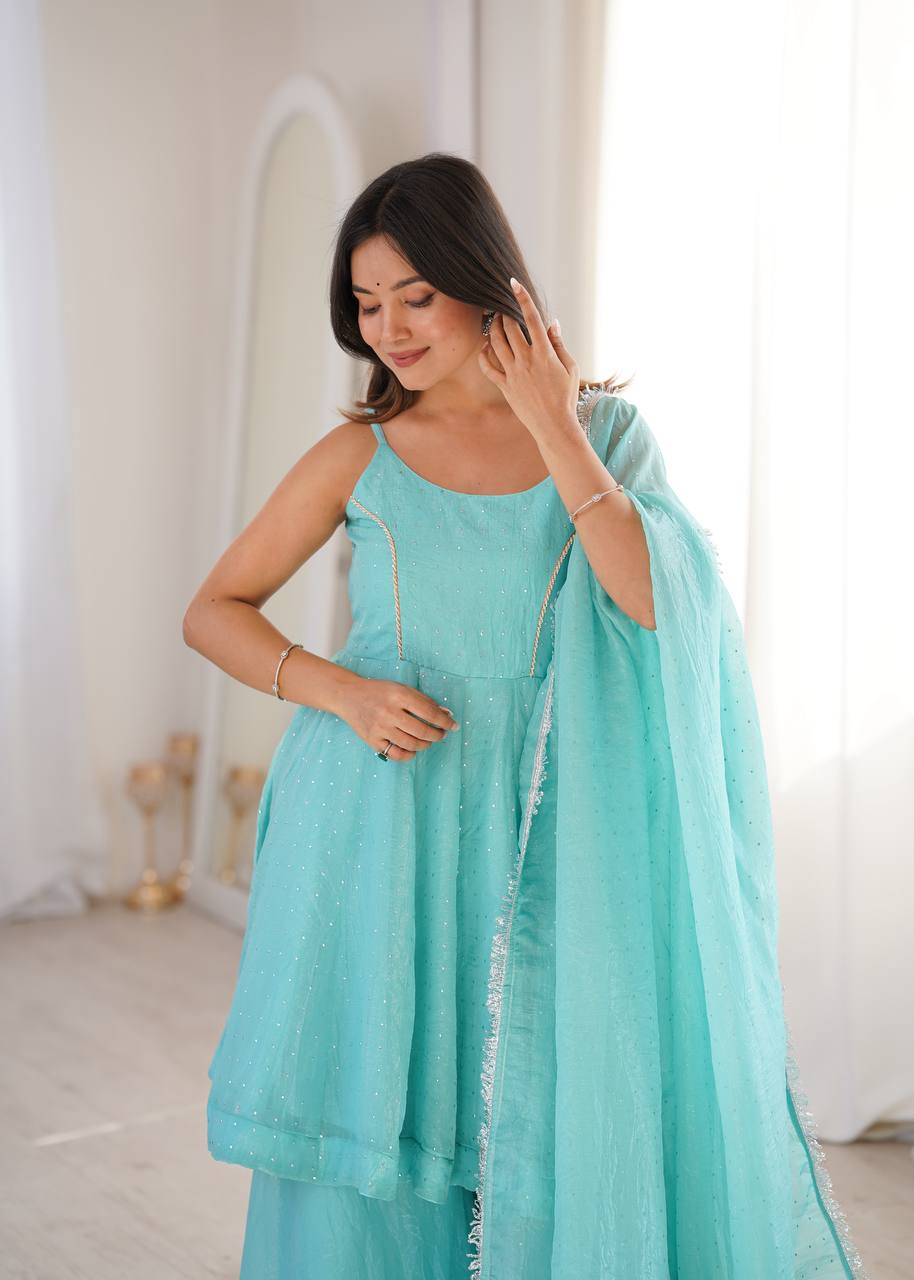 Sky Blue Color Silk Embroidered Work Arti Chauhan Palazzo Suit