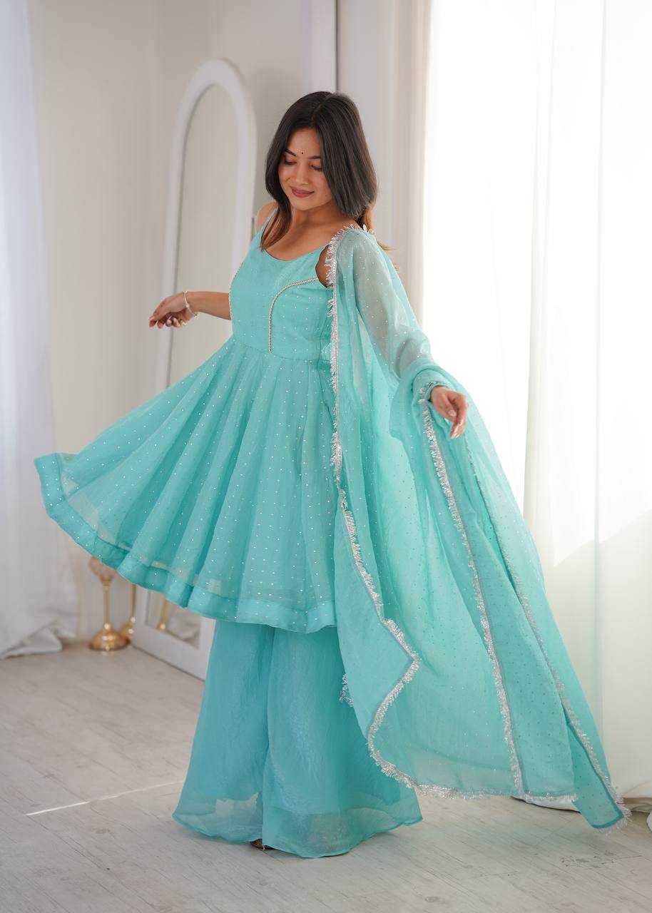 Sky Blue Color Silk Embroidered Work Arti Chauhan Palazzo Suit