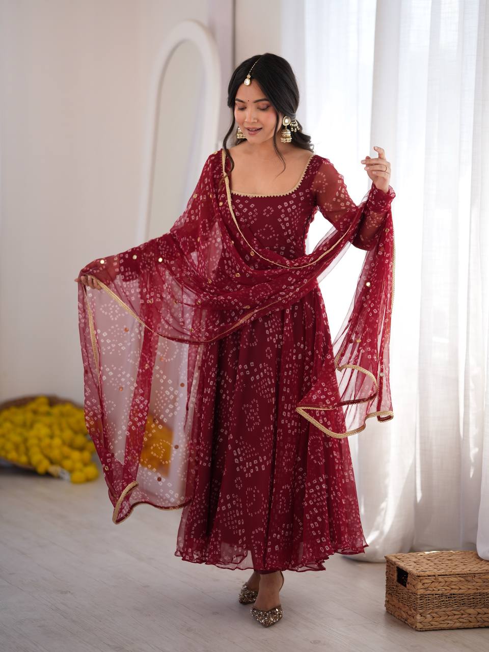 Designer Maroon Color Digital Printed 7-Meter Flair Arti Chauhan Wear Anarkali Suit