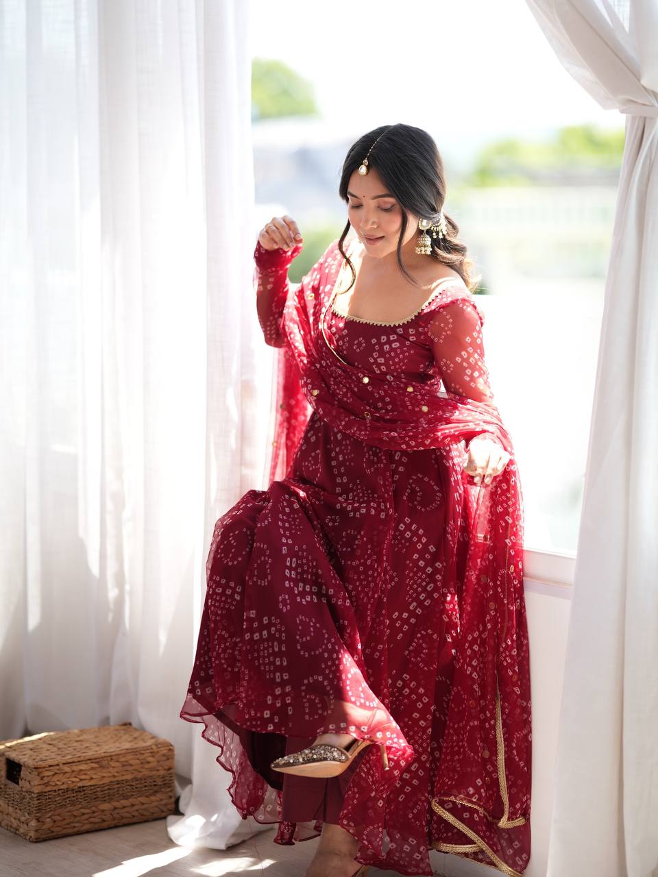 Designer Maroon Color Digital Printed 7-Meter Flair Arti Chauhan Wear Anarkali Suit