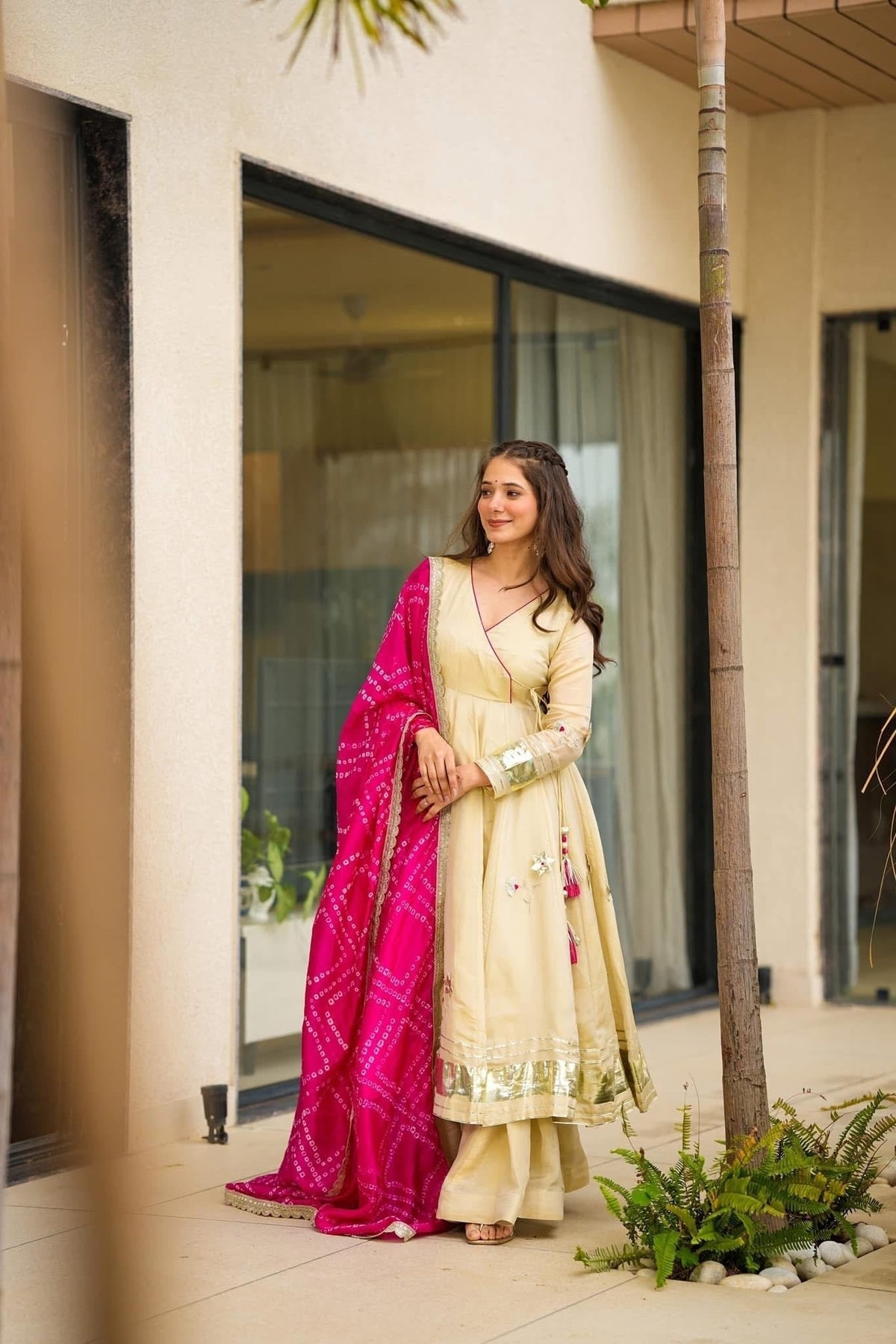 Premium Cream Anarkali Suit with Pink Bandhani Dupatta & Golden Border