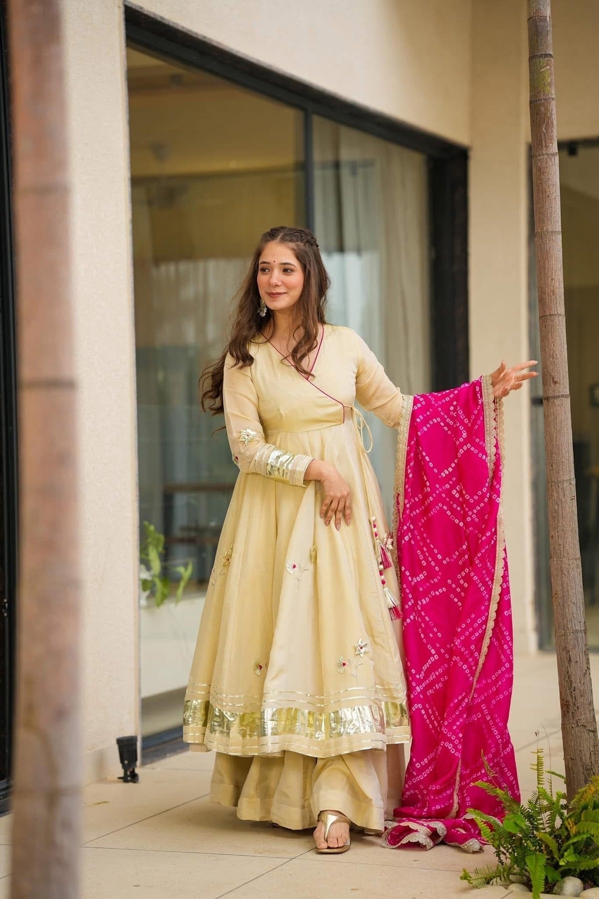 Festive Wear Cream Handmade Gota Patti Work Anarkali Suit