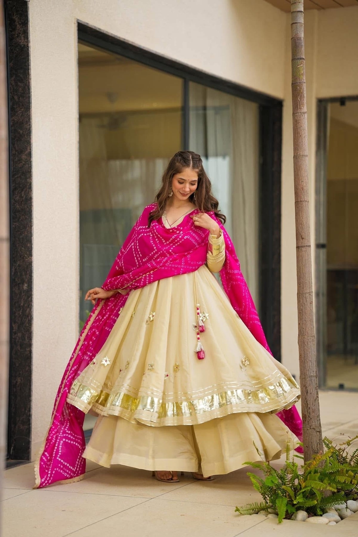 Festive Wear Cream Handmade Gota Patti Work Anarkali Suit