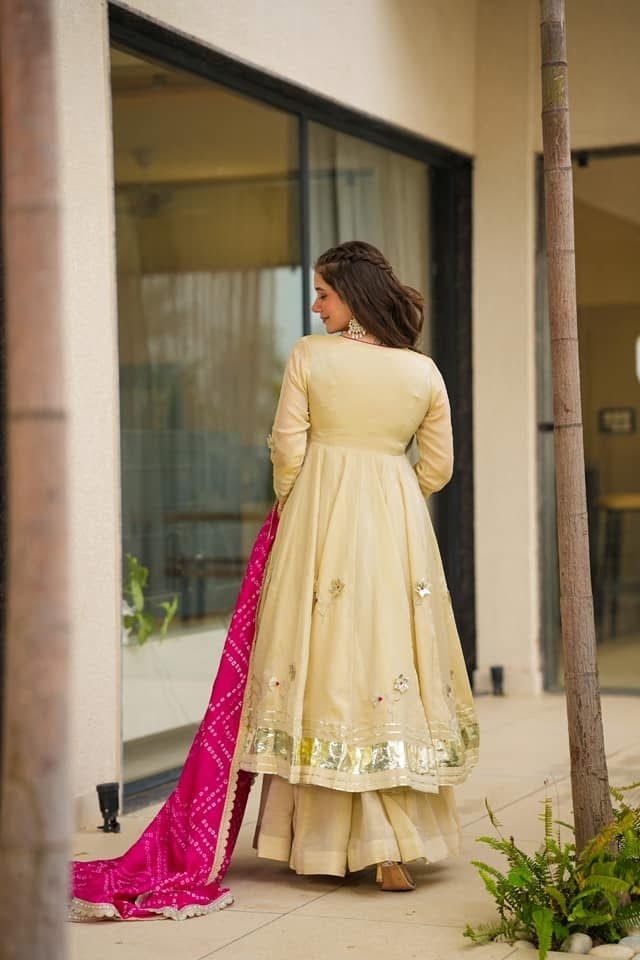 Festive Wear Cream Handmade Gota Patti Work Anarkali Suit