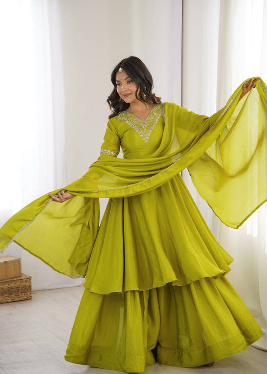 Arti Chauhan Wear Chinon Silk Embroidered Green Top With Palazzo Set