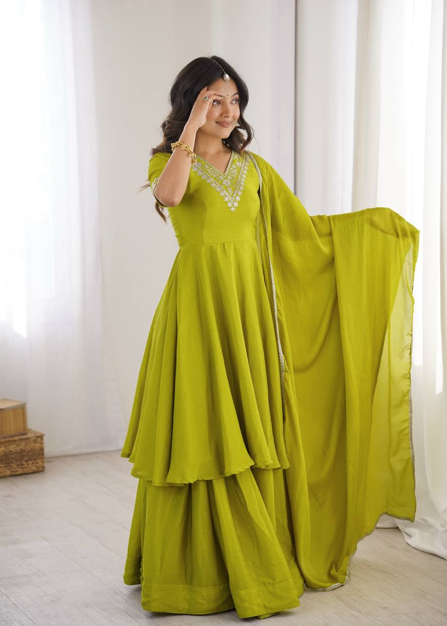 Arti Chauhan Wear Chinon Silk Embroidered Green Top With Palazzo Set