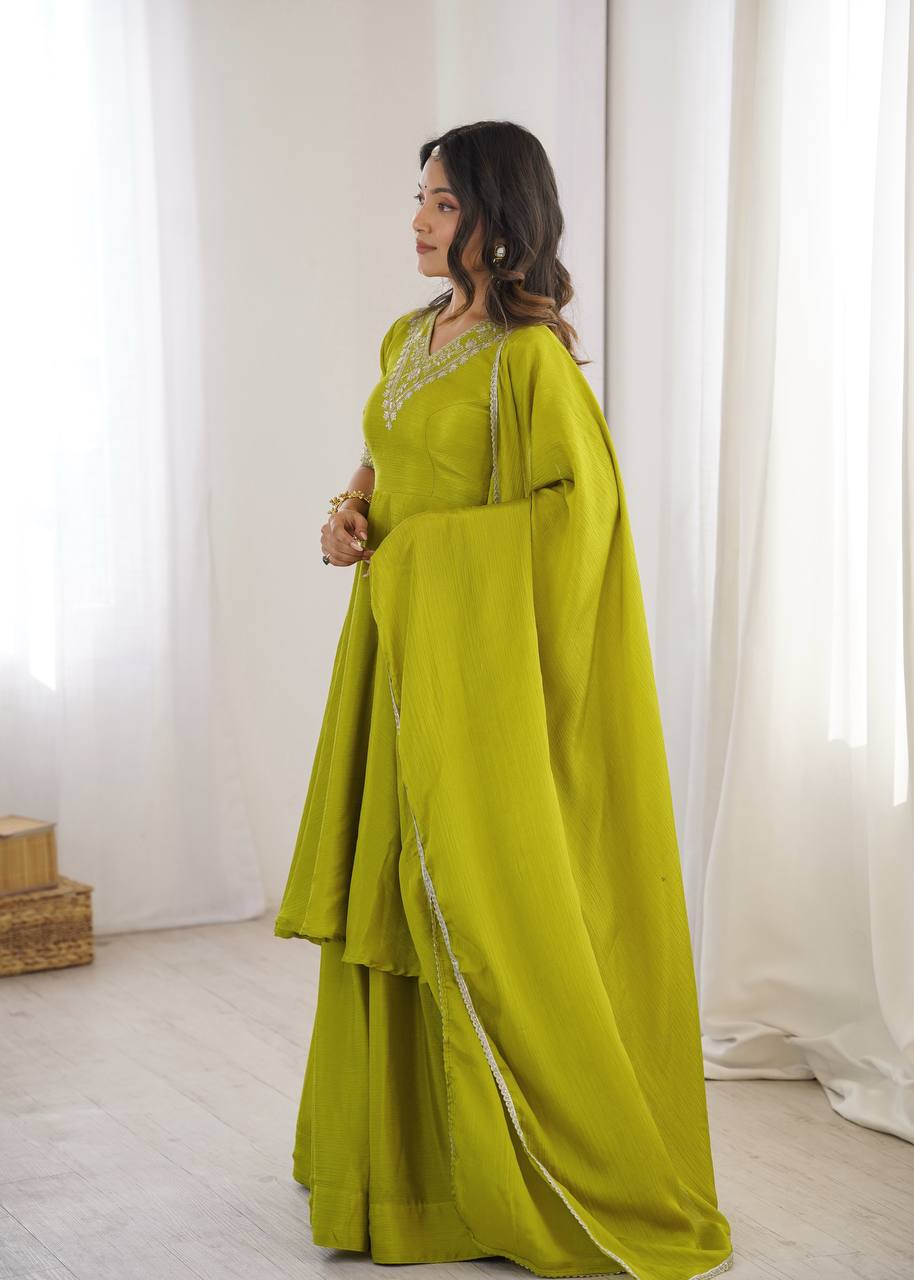 Arti Chauhan Wear Chinon Silk Embroidered Green Top With Palazzo Set