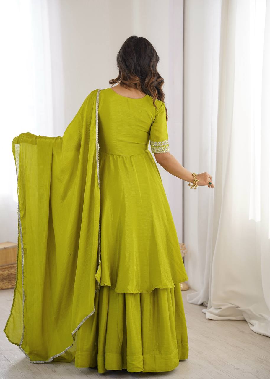 Arti Chauhan Wear Chinon Silk Embroidered Green Top With Palazzo Set