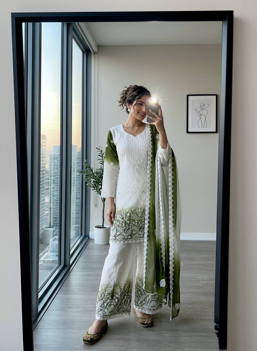Festive Wear Designer Dual Tone Star Georgette Embroidered Palazzo Suit