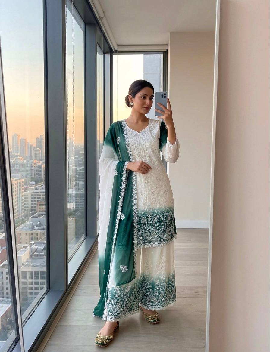 Festive Wear Designer Dual Tone Star Georgette Embroidered Palazzo Suit