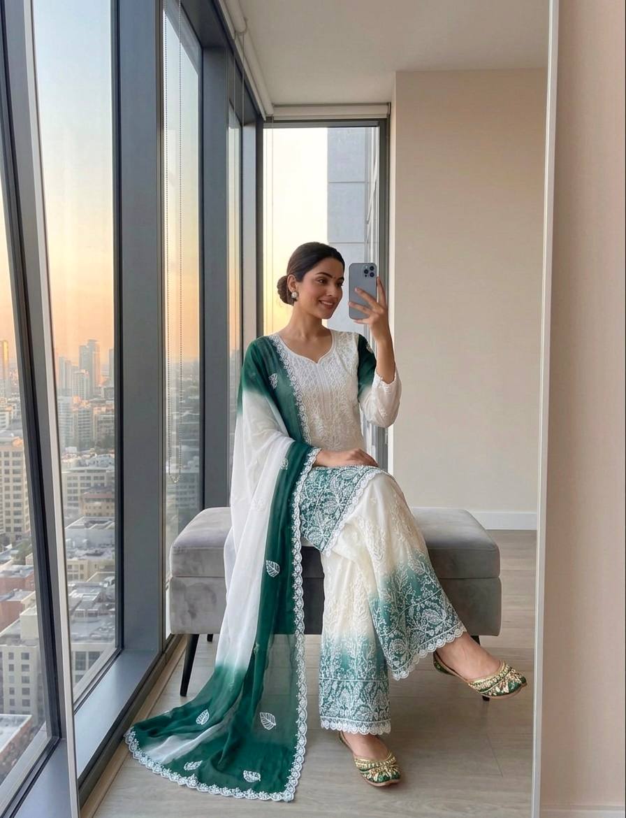 Festive Wear Designer Dual Tone Star Georgette Embroidered Palazzo Suit