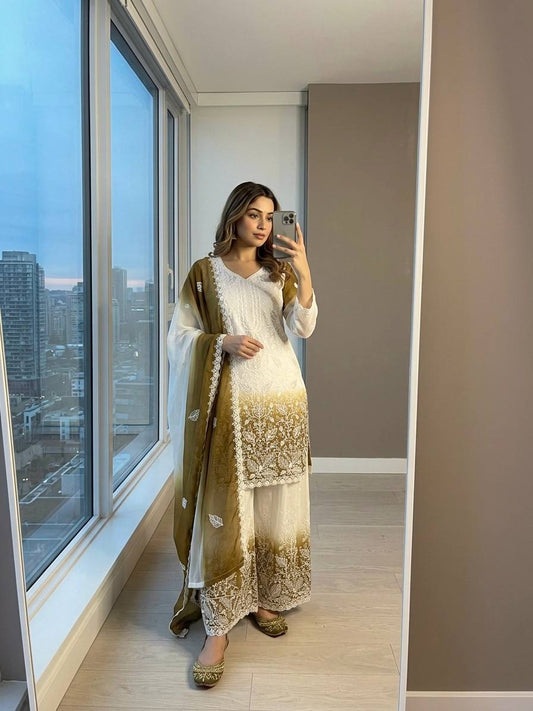 Festive Wear Designer Dual Tone Star Georgette Embroidered Palazzo Suit