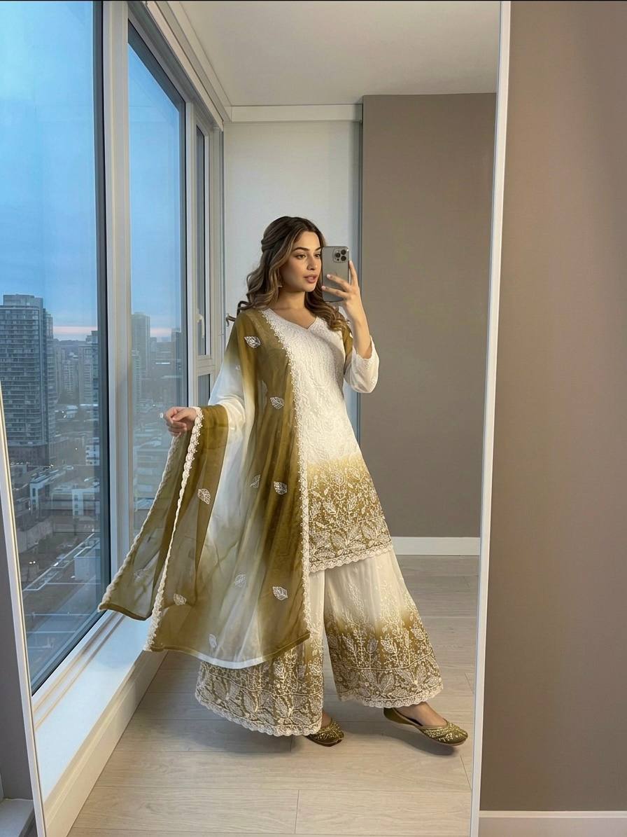 Festive Wear Designer Dual Tone Star Georgette Embroidered Palazzo Suit