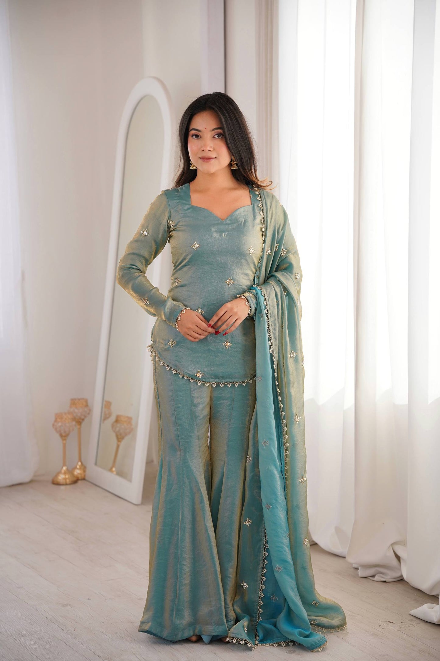 Chic and Graceful Three-Tone Ethnic Set | Sharara Set For Women