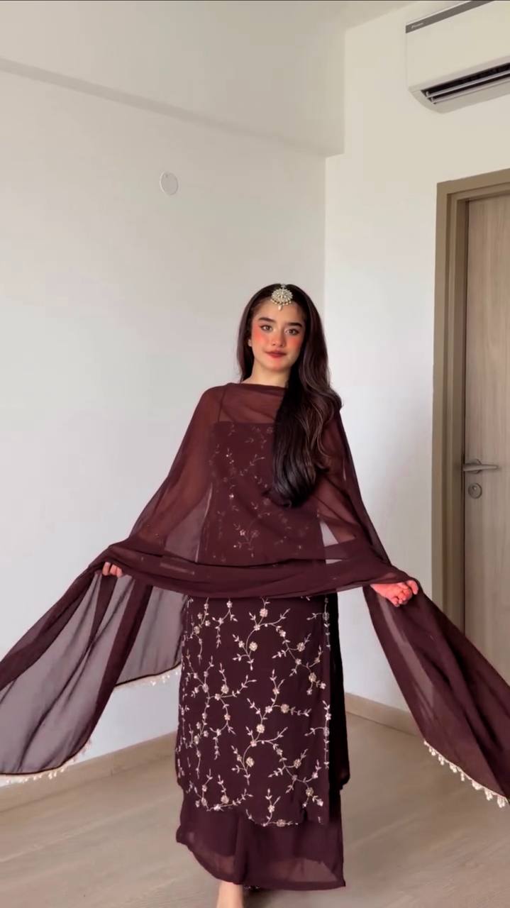 Designer Wine Color Georgette Thread And Sequin Work Pant Suit