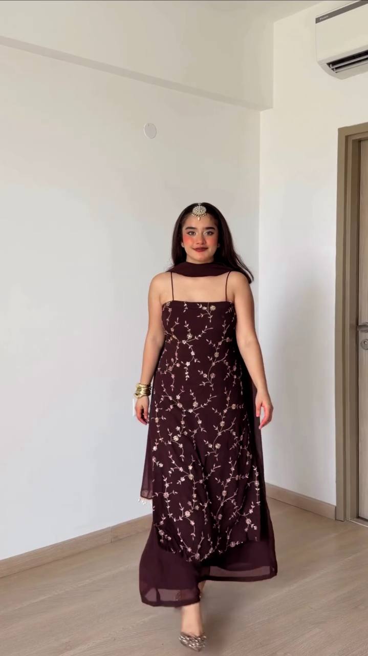 Designer Wine Color Georgette Thread And Sequin Work Pant Suit
