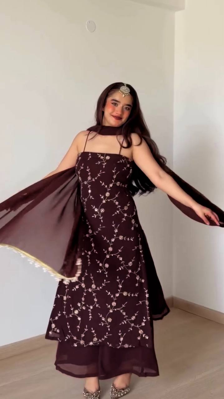 Designer Wine Color Georgette Thread And Sequin Work Pant Suit