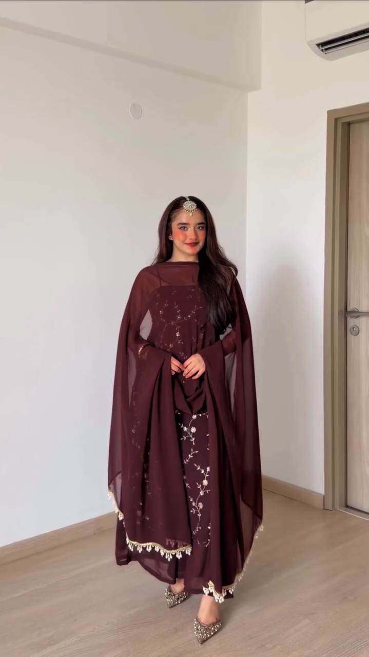 Designer Wine Color Georgette Thread And Sequin Work Pant Suit