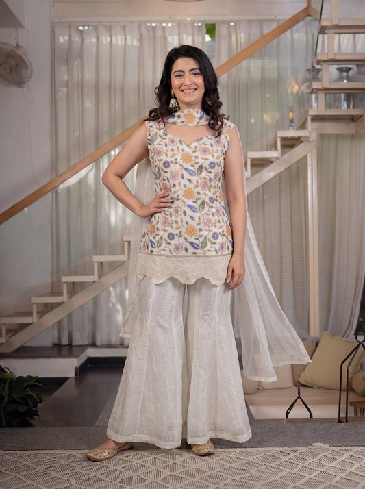 Festive Wear Off White Color Fendi Crush Embroidered Sharara Suit