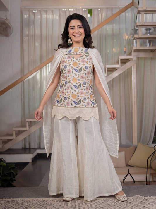 Festive Wear Off White Color Fendi Crush Embroidered Sharara Suit